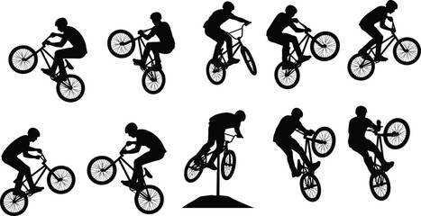 Obraz premium BMX bike rider silhouette collection showing freestyle cycling tricks, jumps, stunts and urban extreme sports action isolated on white background vector illustration