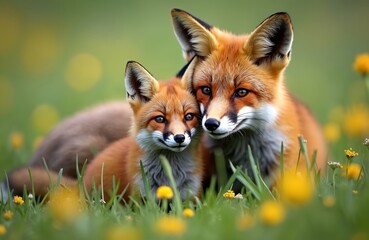 Naklejka premium Mother fox snuggles with cub in green grassy field. Small vulpes vulpes mammal touches parent affectionately. Baby animal nestles against adult in springtime nature.