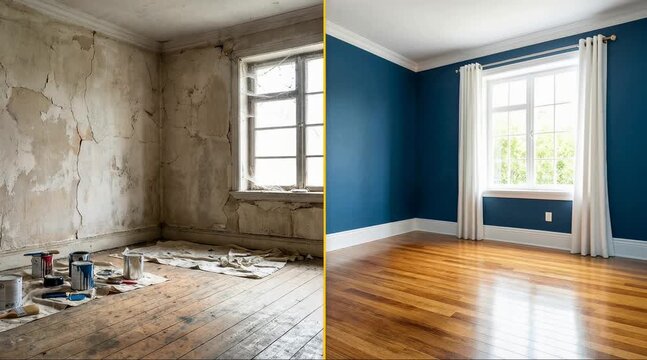A video showcasing a dramatic before and after home renovation with a blue wall and wooden floor