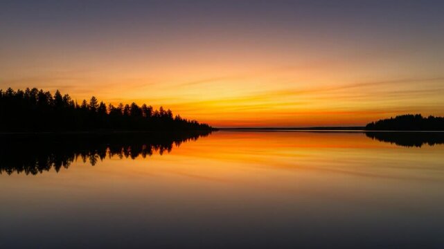 A serene lake mirrors a vibrant sunset, silhouetting trees