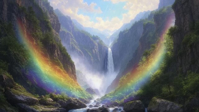 Dramatic landscape features a waterfall cascading into a gorge, bisected by a double rainbow