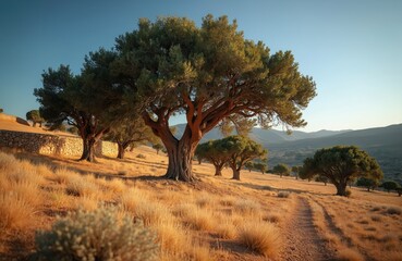 Fototapeta premium Ancient olive trees grow on a dry grassy hill under a clear blue sky. A rough path winds through the landscape past a stone wall. Mountains are visible in the distance.