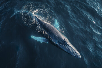 Naklejka premium Aerial view of massive blue whale swimming in deep navy ocean water with smaller whale nearby, creating serene and majestic marine scene