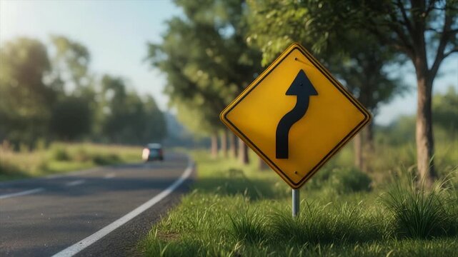 A road sign indicates a winding road ahead, with a car approaching. Lush greenery, trees line the road