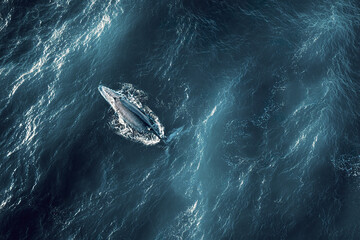 Naklejka premium Blue whale swimming in deep ocean water with waves and sunlight reflections, showcasing marine life and vast sea environment in peaceful natural scene