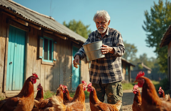Elderly farmer in rural village feeds flock of brown chickens grain from metal bucket. Domestic birds gather around man in farmyard near wooden houses, seeking food.