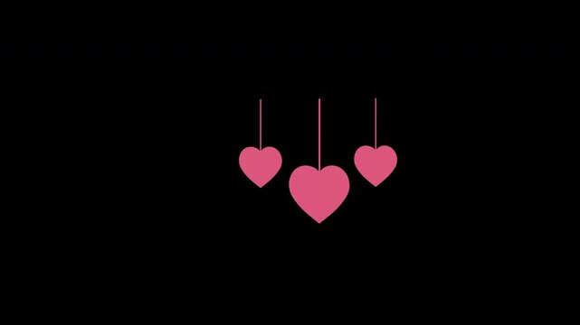 hearts hanging on a string concept loop animation video with alpha channel