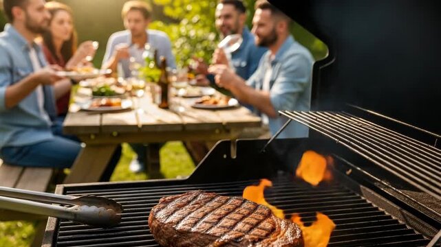 Group Of Friends Is Enjoying Summer Grilling Session With Close-up Of Steak On The Grill While Others Are Dining In The Blurred Background Use Restaurant Menu Food Blogs