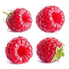 Four close-up views of ripe, juicy, red raspberry fruit