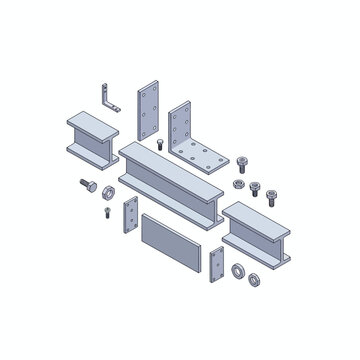 exploded view of steel beam assembly, engineering isometric layout, neutral metallic colors