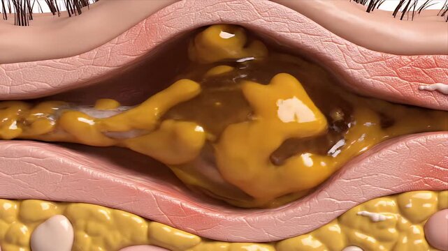 CGI Animation of Skin Layers with Hair Follicles and Sebaceous Cyst Illustrating Medical Anatomy and Dermatology