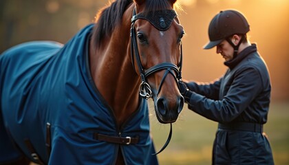 Brown horse wearing blue blanket. Rider adjusts straps on bridle. Equestrian preparing for ride. Warm sunlit background outdoor. Animal care.