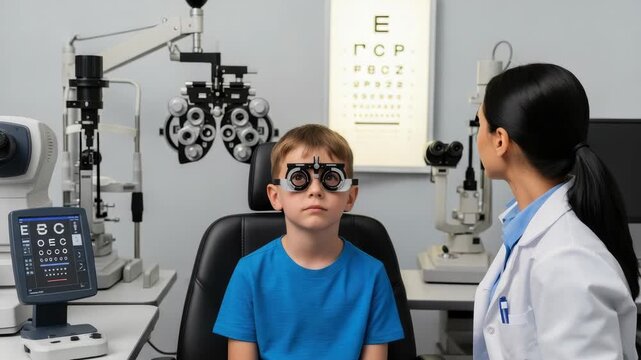 Young Boy Sits For Vision Exam In Optometry Office As Doctor Uses Equipment For Testing With Eye Chart Visible In The Background For Potential Use In Healthcare Visuals
