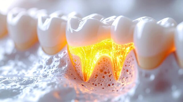 Illuminated teeth model with highlighted roots and surrounding tissue, in close up