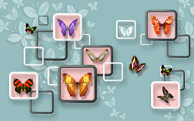 Modern 3D wallpaper design featuring colorful butterflies in geometric square frames with botanical leaf pattern on turquoise background. Three-dimensional wall decoration combining nature elements wi © gorg