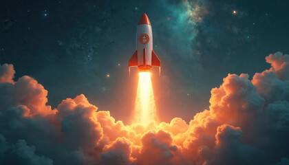 Obraz premium Retro rocket ship with bitcoin logo blasts off through orange clouds into starry night sky. Digital currency advances toward financial space. Future technology climbs.