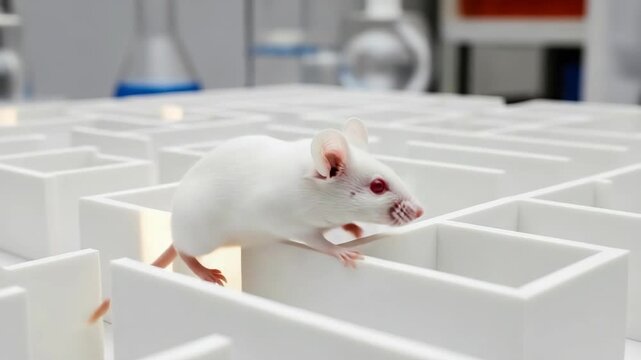 White Mouse Is Navigating Maze In Lab Setting Possibly For Research Purposes With Blurred Lab Equipment In The Background