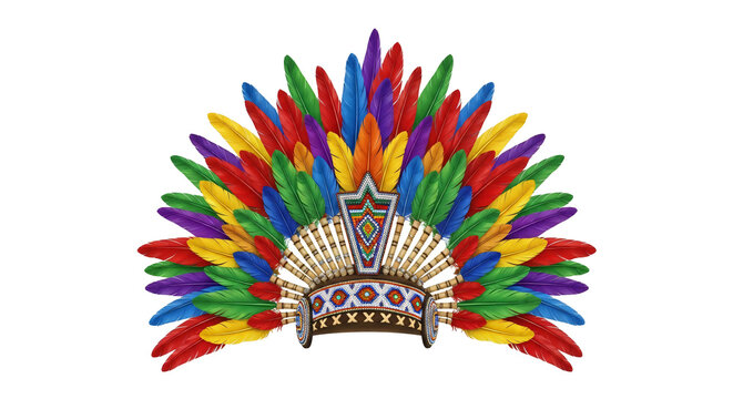 Colorful feather headdress, isolated on transparent background, vibrant native american style