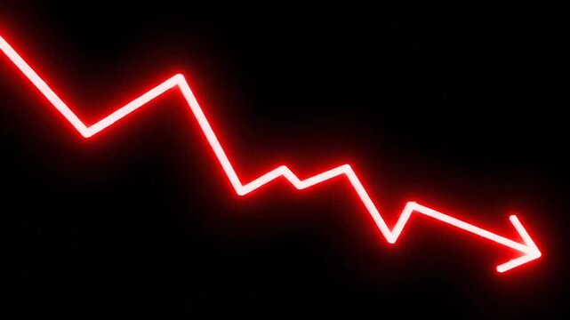 Red neon glowing line showing a financial downward trend on a dark background
