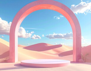 Surreal landscape with a pink arch, stage, and desert dunes