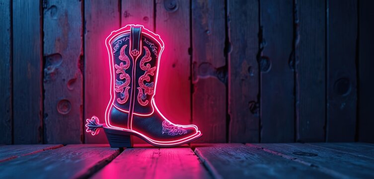 Neon cowboy boot with embroidery glows on rustic wood. Western style footwear with bright pink light. Modern accessory for country fashion, bar, or nightclub.