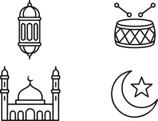Obraz premium Collection of line icons representing various traditional Islamic symbols and elements on white