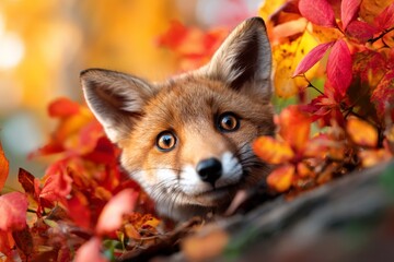 Fototapeta premium Cute Fox Peeking Through Colorful Autumn Foliage in a Humorous Scene