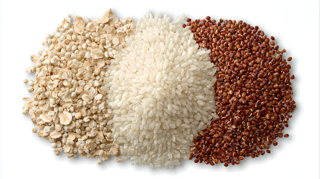 minimalist arrangement organic healthy food ingredients oats white rice red quinoa seeds clean white background pattern