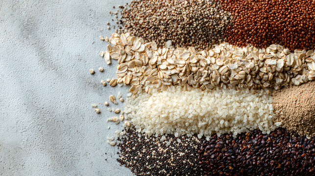 geometric pattern raw oats quinoa brown rice chia seeds buckwheat healthy assorted cereals ingredients texture background