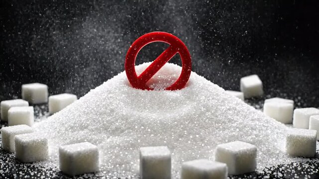 Red no symbol erupts from a pile of sugar cubes and granulated sugar
