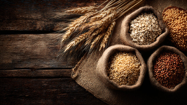 assorted whole grains various sacks burlap rustic wooden surface different types kernels cereals