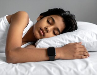 Young person sleeping peacefully on a bed, arm resting