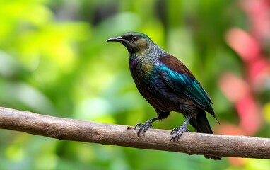 Naklejka premium Wild Bird with Iridescent Feathers in a Lush Rainforest Setting