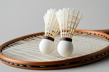 Badminton shuttlecocks on a racket ready for play