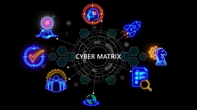 cyber matrix text .internet and networking concept, cube glow with and holographic futuristic technology stretch background 4k video animation