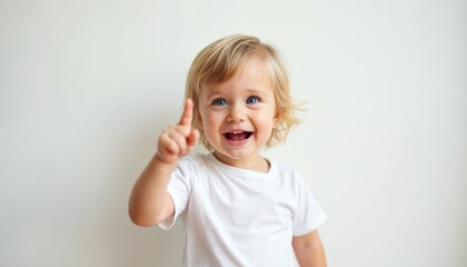 Naklejka premium Young child with blonde hair raises finger, smiling broadly with blue eyes. Kid has idea, shows insight or eureka moment. Youthful exuberance, pure joy, and happy discovery.