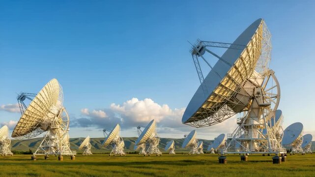 Array Of Radio Telescopes In Grassy Field Scanning The Sky With Hills Clouds In The Background To Be Used For Scientific Research