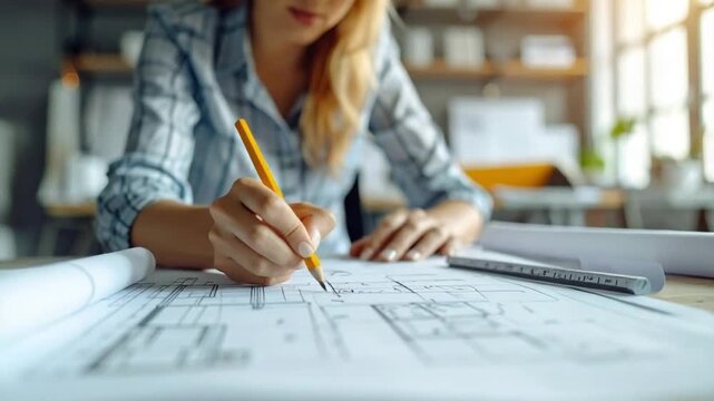 Architectural Designer Working on Blueprints with Pencil in Bright Office