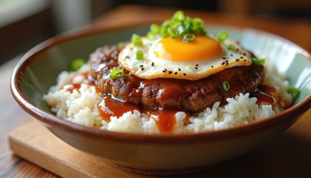 Savory Loco Moco dish with fried egg, rice, meat patty, and gravy. Green onions garnish this popular Hawaiian meal. It is perfect for food blogs.