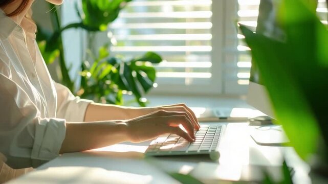 Person typing on keyboard in sunlit home office with green plants