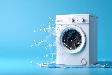 White Washing Machine With Water Splash On Blue Background