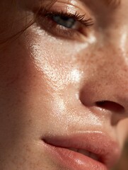 Naklejka premium editorial beauty close-up of glowing skin surface, subtle shine,