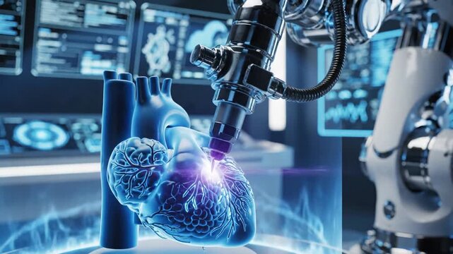 Robotic arm performing advanced medical procedure on a glowing human heart model in a high-tech lab