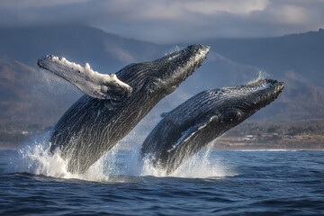 Naklejka premium Two humpback whale breaching ocean water with mountain background, dynamic wildlife scene full of energy and natural beauty