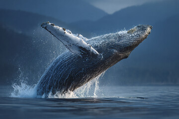 Fototapeta premium Humpback whale breaching ocean surface with water splashing around, set against backdrop of misty mountains and calm sea, capturing dynamic marine wildlife moment