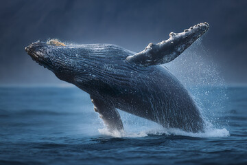 Obraz premium Humpback whale breaching ocean water with sea spray and splashes, majestic marine mammal in natural habitat showing powerful movement and dynamic energy