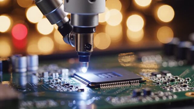 Robotic arm performing high-precision work on a microchip with sparks on a circuit board