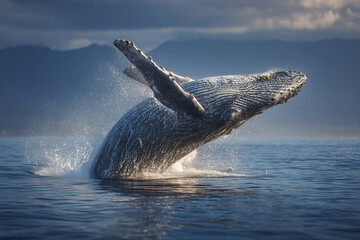 Fototapeta premium Humpback whale breaching ocean surface with water splashing around, dramatic cloudy sky and distant mountains in background creating powerful natural scene