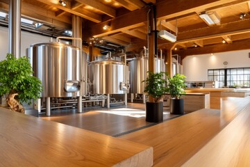 Spacious Interior of a Modern Brewing Facility with Stainless Equipment
