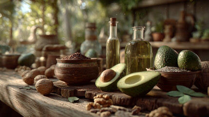 rustic wooden table harvest fresh cut avocado walnuts virgin olive oil in glass bottles sunny morning